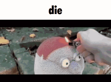 a person is lighting a lighter on a stuffed animal with the word die above it .