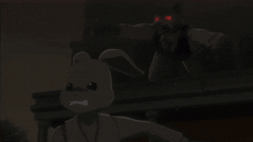 a cartoon rabbit and a werewolf with red eyes