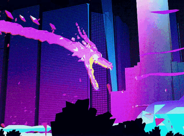 a purple and blue painting with a silhouette of a person