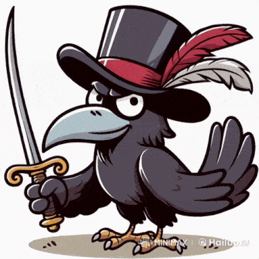 a cartoon crow wearing a top hat and feathers holding a sword