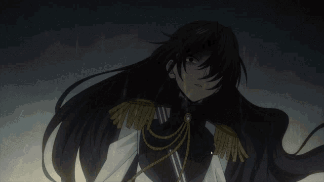 a girl with long black hair is wearing a black and gold outfit