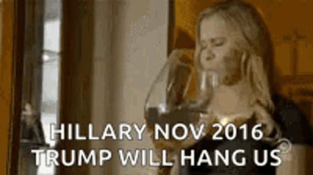 a woman is drinking a glass of wine with the words `` hillary nov 2016 trump will hang us '' .