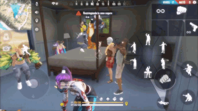 a group of people are playing a video game called free fire and one of them has a purple haired girl