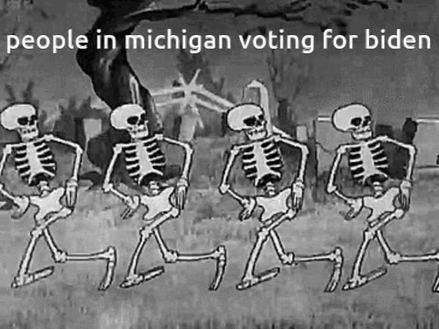 a black and white cartoon of skeletons dancing in a cemetery with the caption people in michigan voting for biden