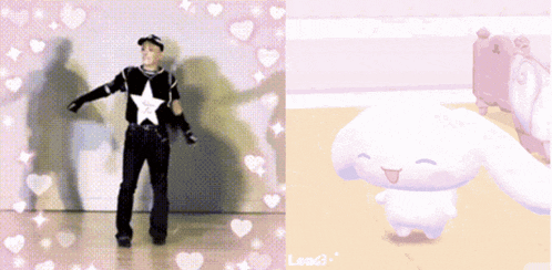 a picture of a person dancing next to a picture of a stuffed animal that says ' lana3 ' on it
