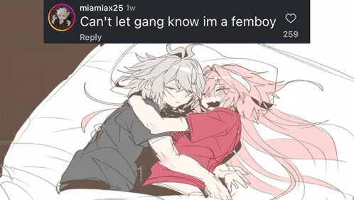 a drawing of two anime characters hugging each other on a bed with a reply from miamiax25 .