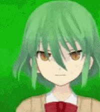 a girl with green hair and a red bow tie is standing in front of a green screen .