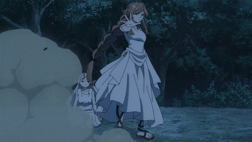 a woman in a white dress is standing next to a girl in a white dress