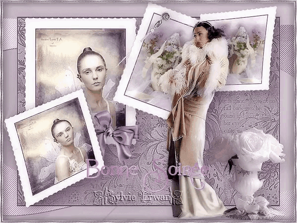 a woman in a fur coat is on a purple background with the words bonne soirée
