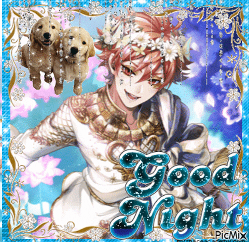 a picture of a man with flowers in his hair and the words good night