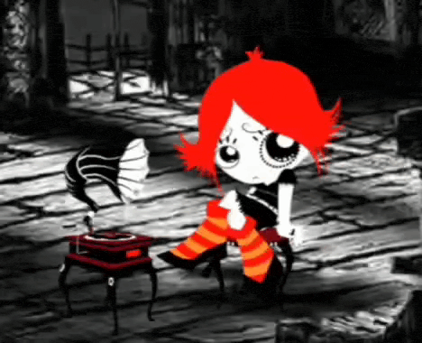 a cartoon girl with red hair is sitting in front of a phonograph