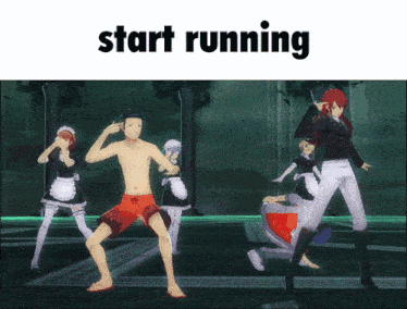 a group of anime characters are dancing in front of a sign that reads start running
