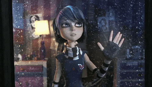 a cartoon girl is looking out a window with rain drops on the glass