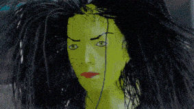 a drawing of a woman with green hair