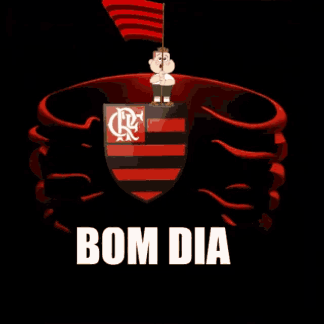 a cartoon character holding a flag in front of a shield with the word bom dia below it