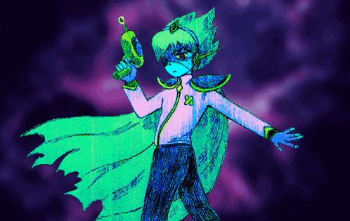 a drawing of a person with a green cape holding a green gun