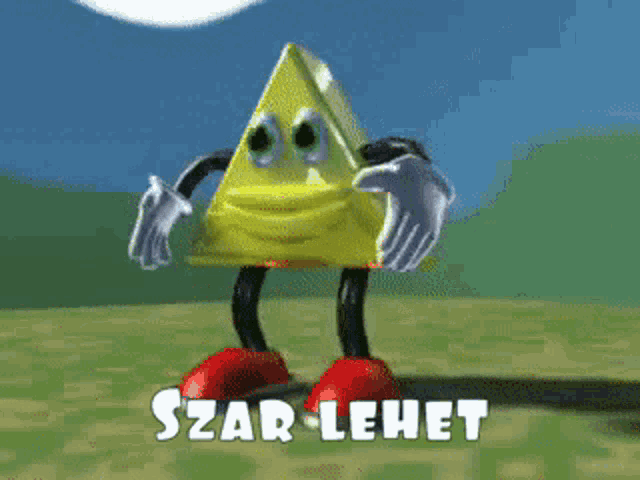 a cartoon of a triangle with arms and legs that says szar lehit