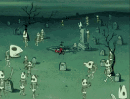 a cartoon drawing of a cemetery with skeletons