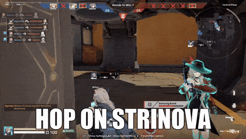 a screenshot of a video game with the words hop on strinova at the top