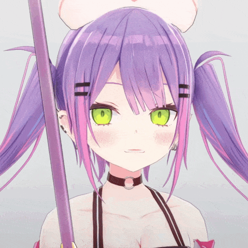 a girl with purple hair and green eyes