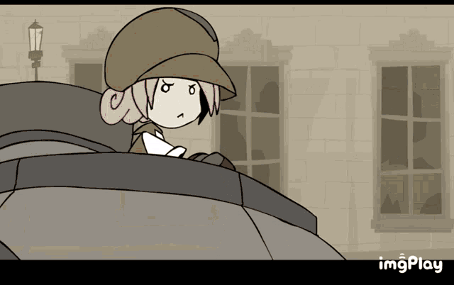 a cartoon of a girl with pink hair and a hat with the word imgplay below her