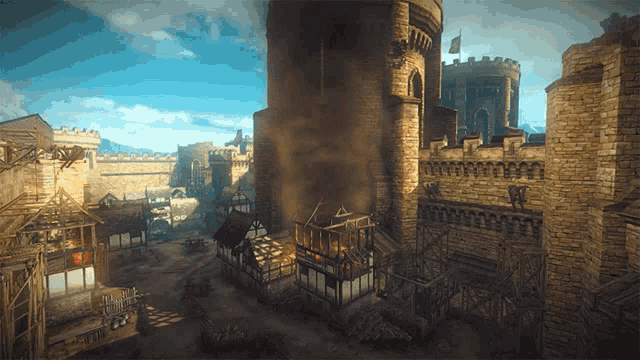 a castle with smoke coming out of the windows