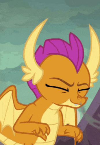a cartoon dragon with a purple mane and horns is sitting on a rock