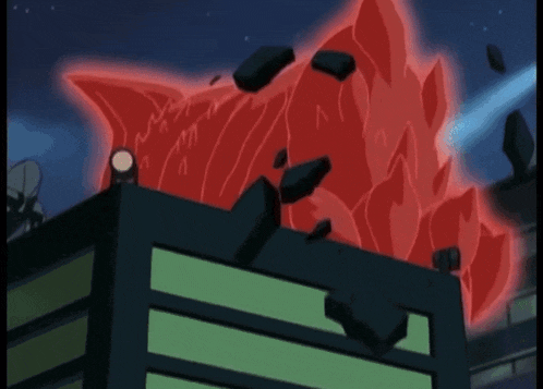 a cartoon of a building being destroyed with a red glow