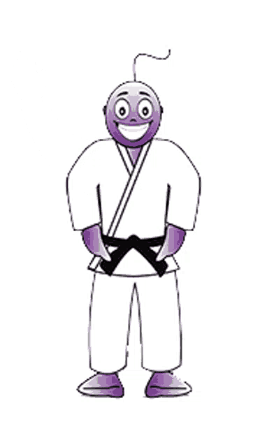 a cartoon of a person wearing a karate uniform with a purple smiley face on their face .