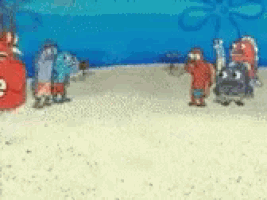 a group of cartoon characters are standing on a sandy beach
