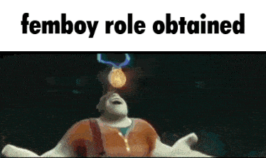 a cartoon character with a medal on his head and the words femboy role obtained above him .