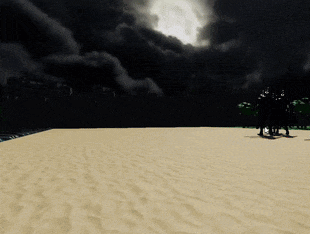 a group of people are walking on a sandy beach at night