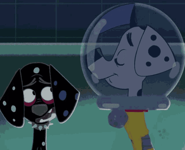 two dalmatian dogs are standing next to each other and one has a helmet on