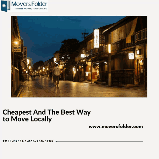 an advertisement for movers folder shows a picture of a street at night