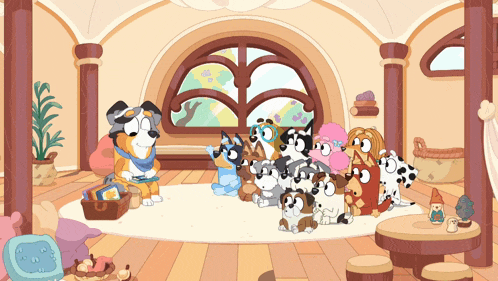 a group of cartoon dogs are gathered in a living room