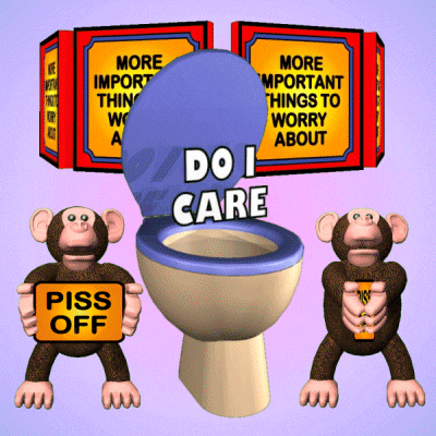 two monkeys holding a sign that says piss off next to a toilet