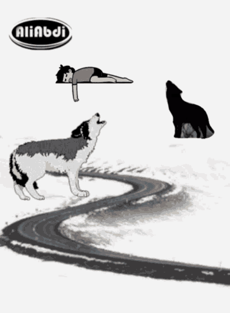 a cartoon of a wolf and a man laying on the ground