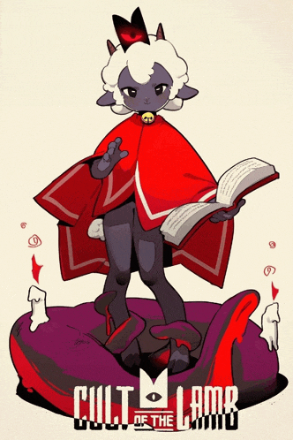 a cartoon drawing of a sheep holding a book with the words cult of the lamb below it