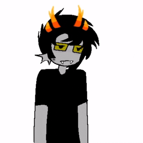 a cartoon character with horns is wearing glasses and a black shirt .
