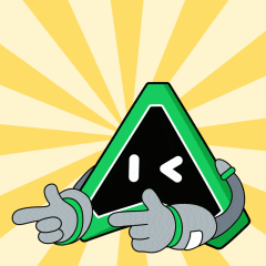 a cartoon character with a green triangle pointing to the right