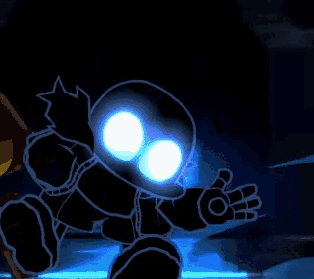 a cartoon character with glowing eyes is standing in a dark room .
