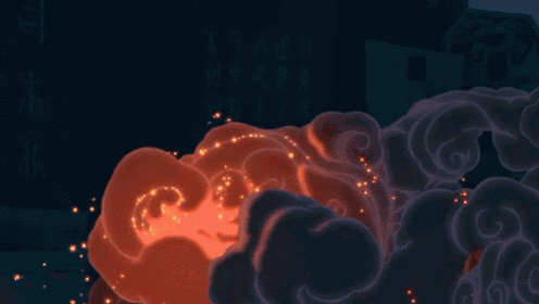 a cartoon drawing of a dragon surrounded by flames and smoke
