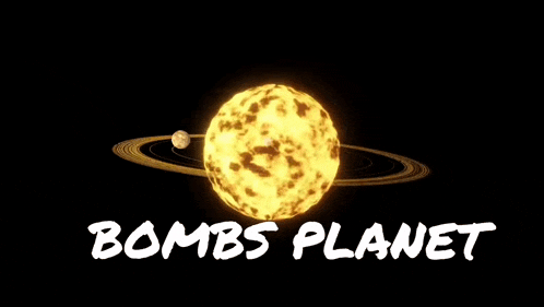 a logo for bombs planet shows a burning sun with rings around it