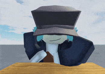 a cartoon character wearing a hat sits on a wooden table