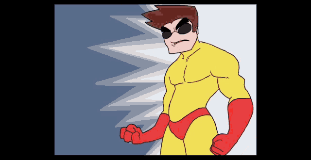 a cartoon drawing of a superhero wearing sunglasses and a yellow suit