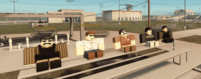 a group of roblox characters are sitting on bleachers and one of them has the name rick on it