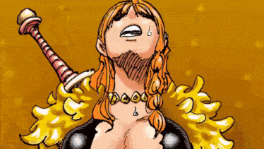 a cartoon of a woman holding a sword with a necklace around her neck