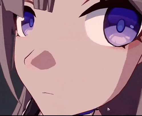 a close up of a anime girl 's face with purple eyes and a nose .
