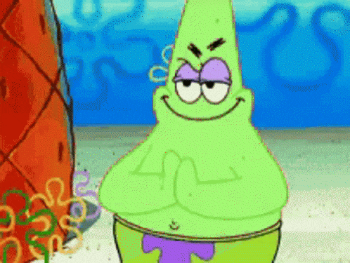 patrick star from spongebob squarepants is standing on the beach with his hands folded in prayer .