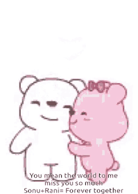 a white teddy bear is kissing a pink teddy bear .
